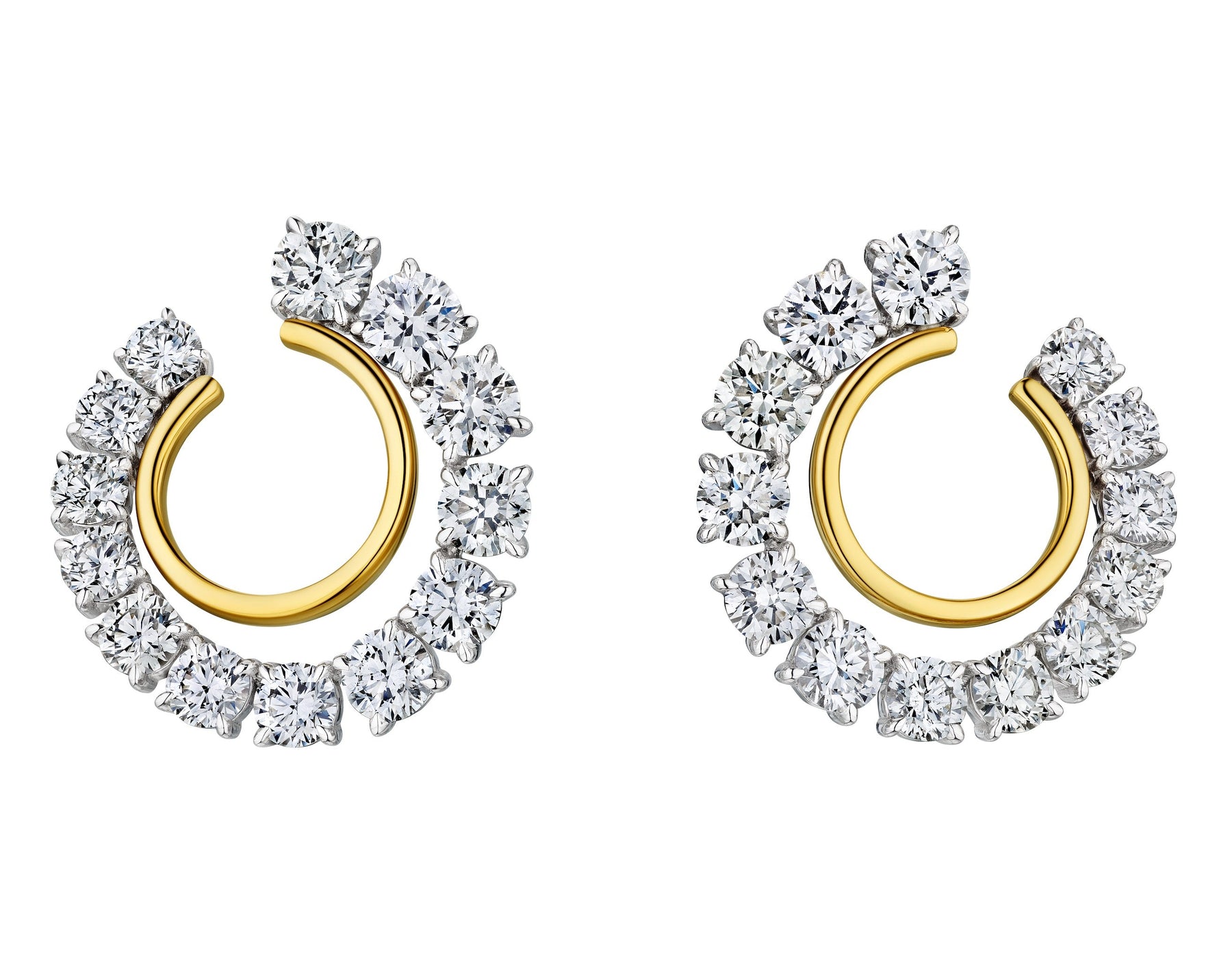 Coil Round Diamond Front-to-Back Hoop Earrings in Yellow Gold and Platinum