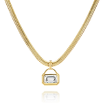 The East-West Bezel Set Emerald Cut Diamond Pendant Necklace in Yellow Gold features a rectangular emerald-cut diamond pendant in a geometric gold frame, shown against a white background.