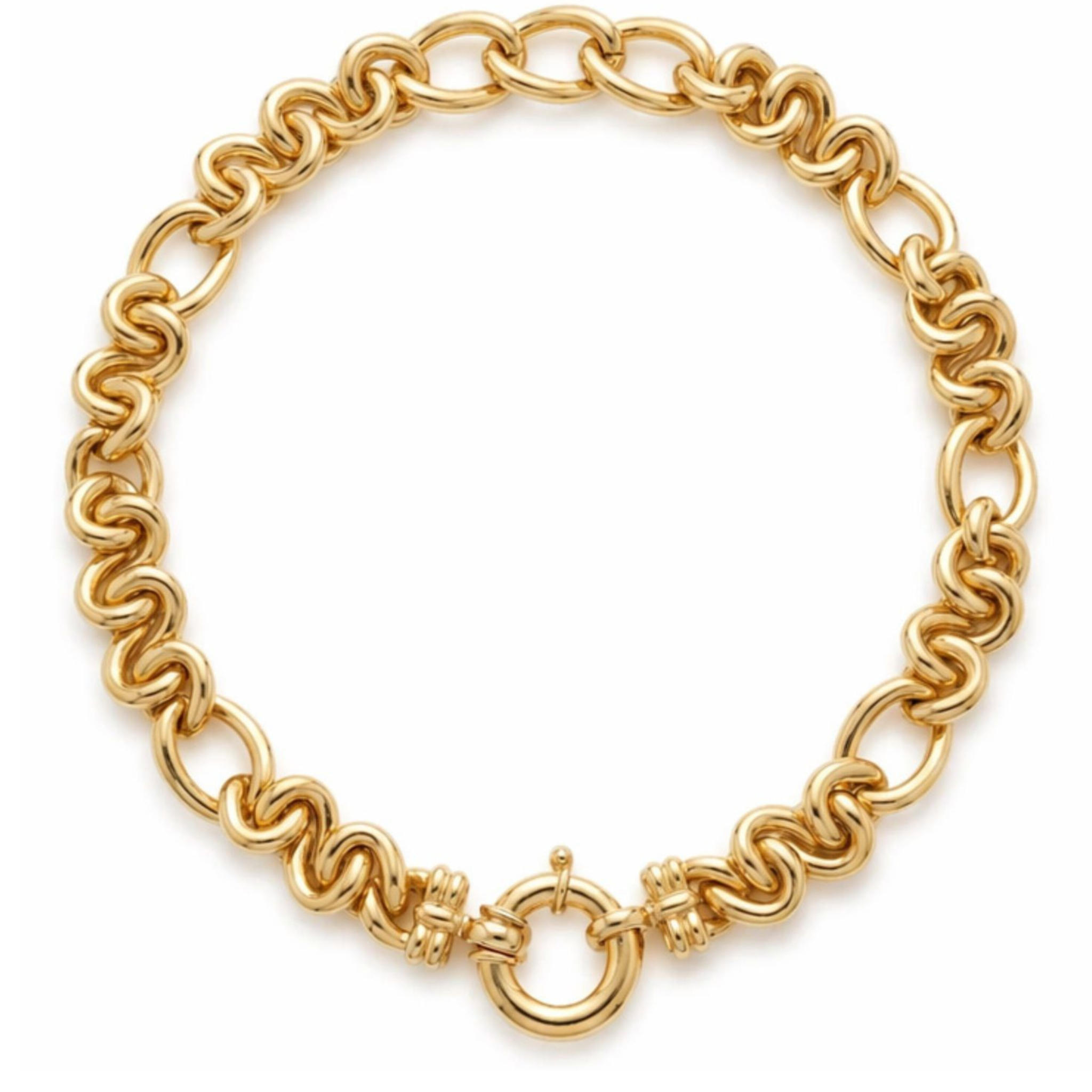 The Gold Link Necklace in 18K yellow gold showcases interlocking rounded links and a large front spring ring clasp, displayed on a white background.