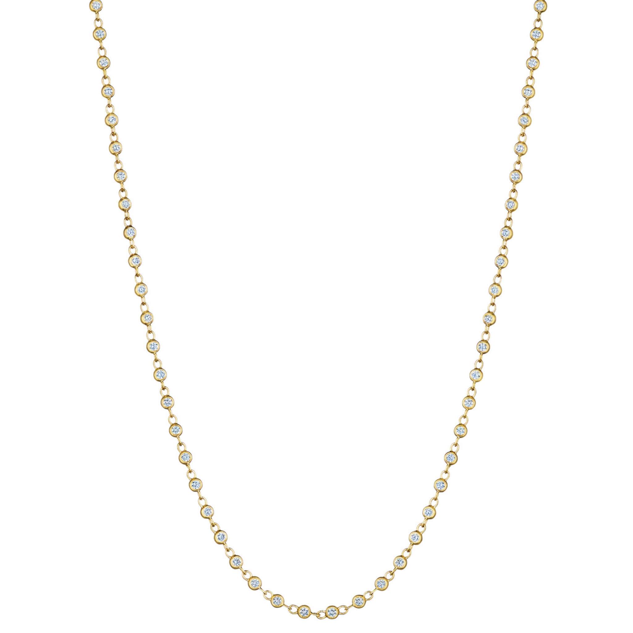 The Golden Garland Necklace in Yellow Gold features round brilliant diamonds evenly spaced along 18K gold, creating a delicate and elegant look.