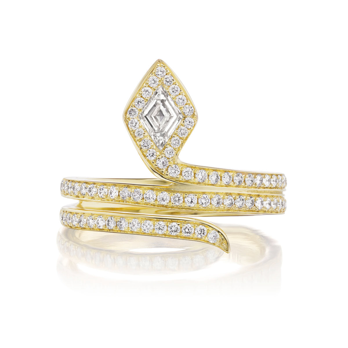 The Diamond Snake Wraparound Ring in 18K yellow gold features two VS1 diamond-encrusted bands and a central lozenge diamond, elegantly spiraling around the finger for a unique, luxurious look.