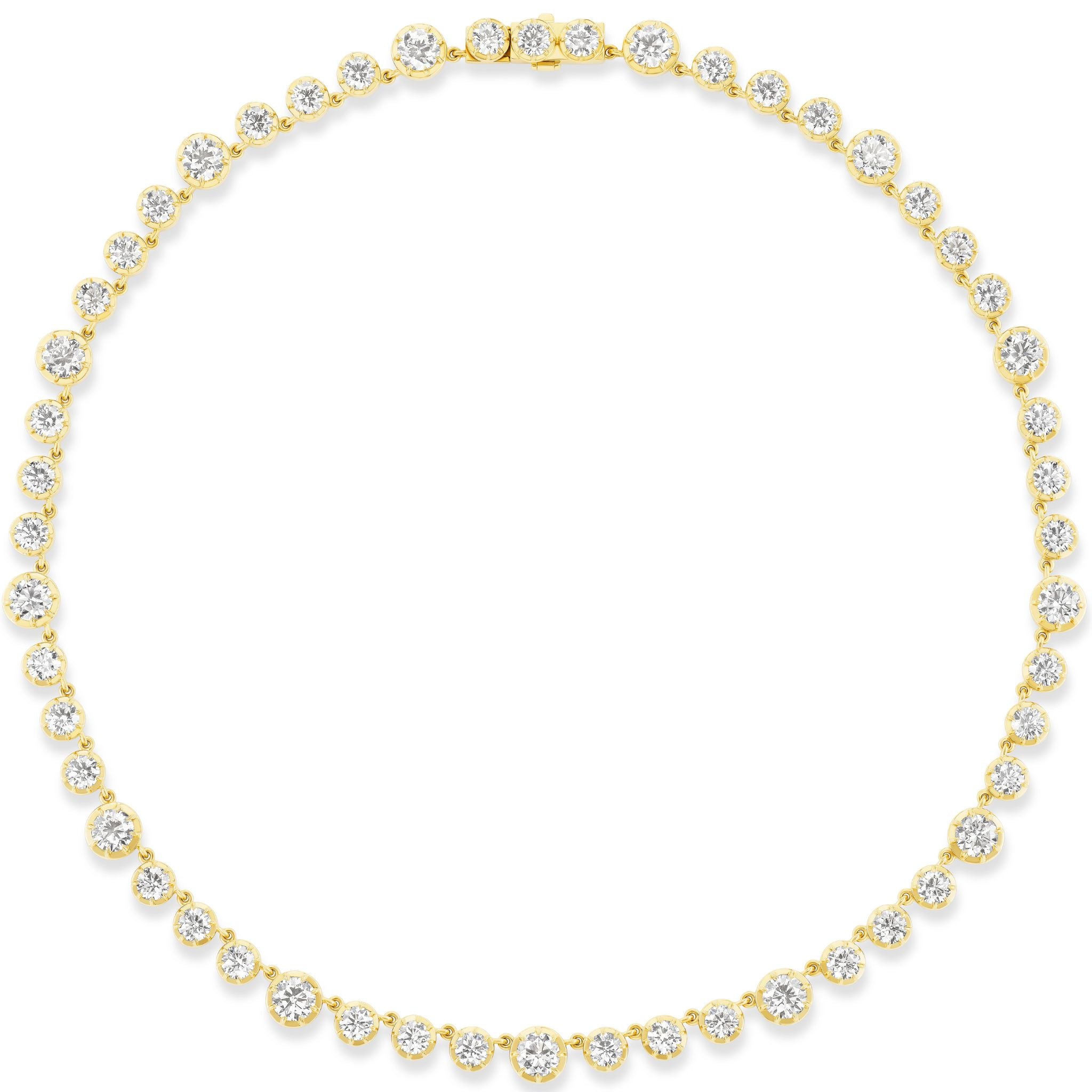 A Collet Set Round Diamond Graduated Tennis Necklace in yellow gold, featuring evenly spaced round diamonds arranged in a complete circle, displayed on a white background.