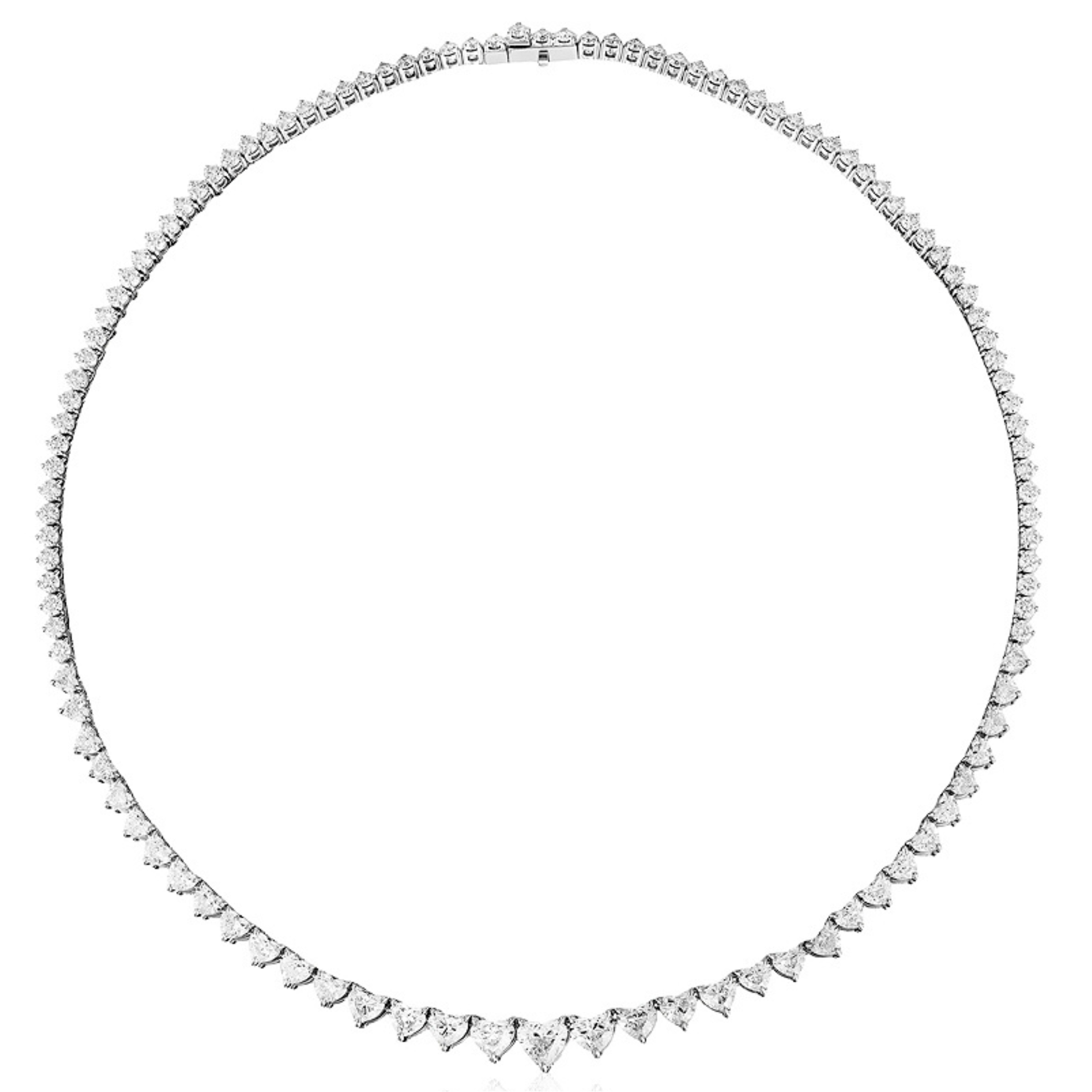 The Graduated Heart Diamond Tennis Necklace in White Gold features a continuous row of round and heart-shaped diamonds set in 18K white gold, forming an elegant circle with a discreet clasp.