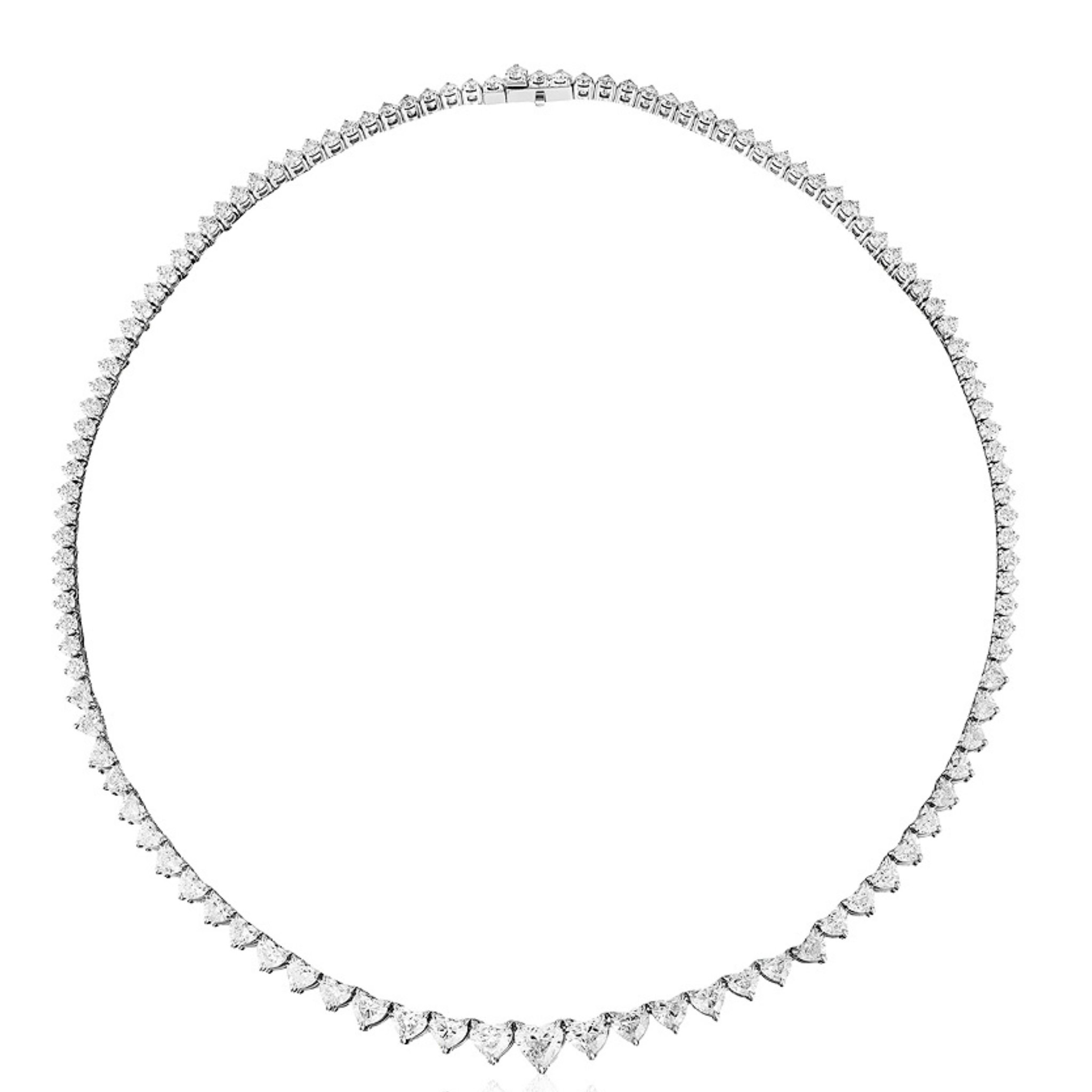 The Graduated Heart Diamond Tennis Necklace in White Gold features a continuous row of round and heart-shaped diamonds set in 18K white gold, forming an elegant circle with a discreet clasp.