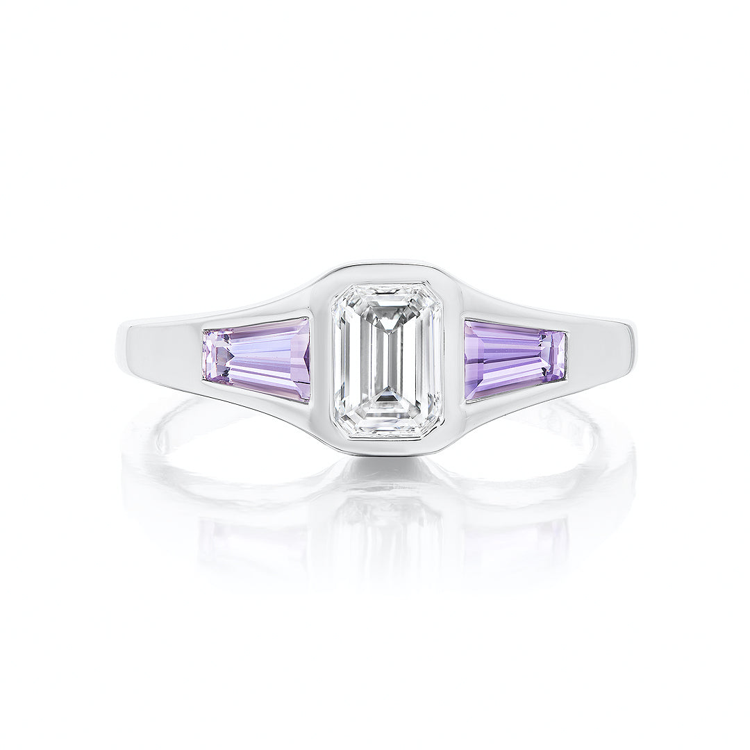 Petit Gypsy Ring with Emerald Cut Diamond and Violet Sapphire Side Stones