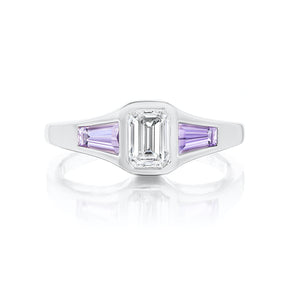 Petit Gypsy Ring with Emerald Cut Diamond and Violet Sapphire Side Stones