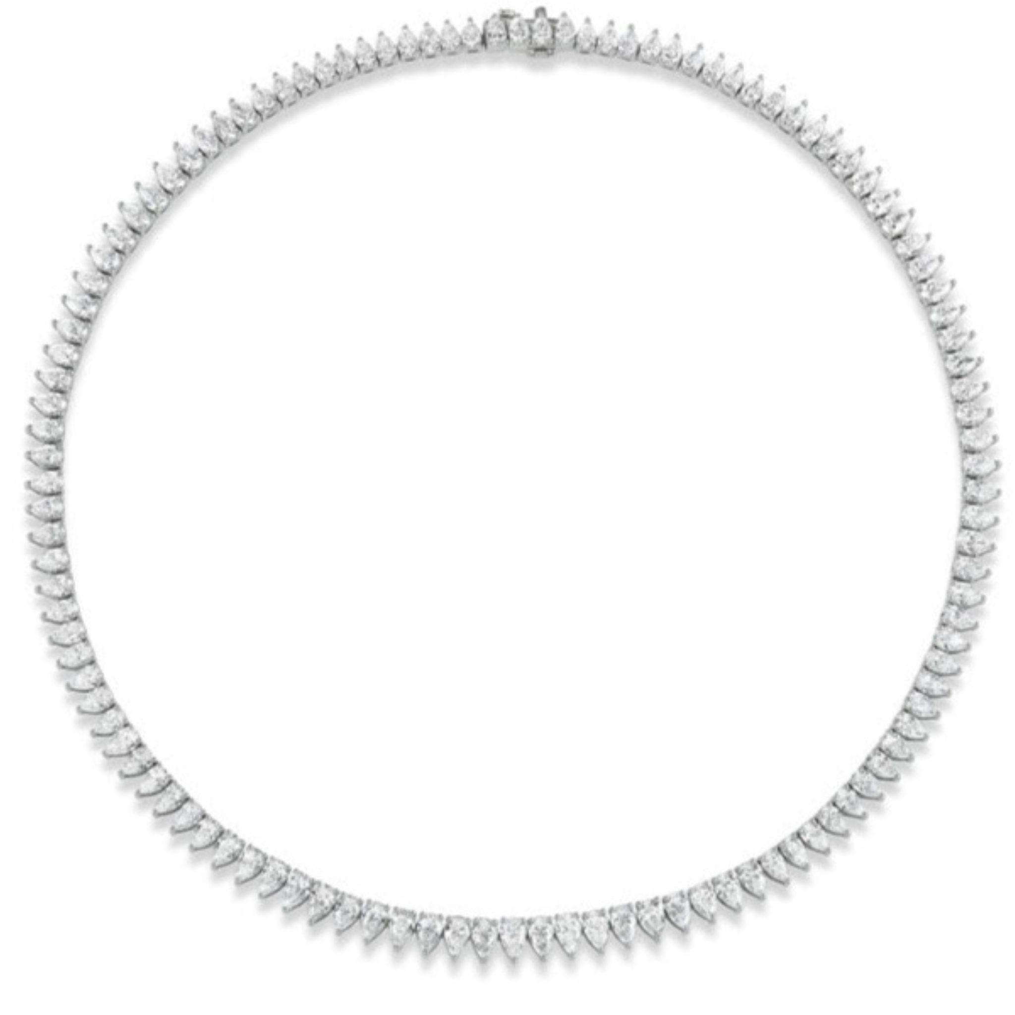 The Pear Diamond Tennis Necklace in White Gold features 14.88CTW of pear-shaped diamonds set symmetrically along an 18K white gold chain, creating an elegant full-circle design.