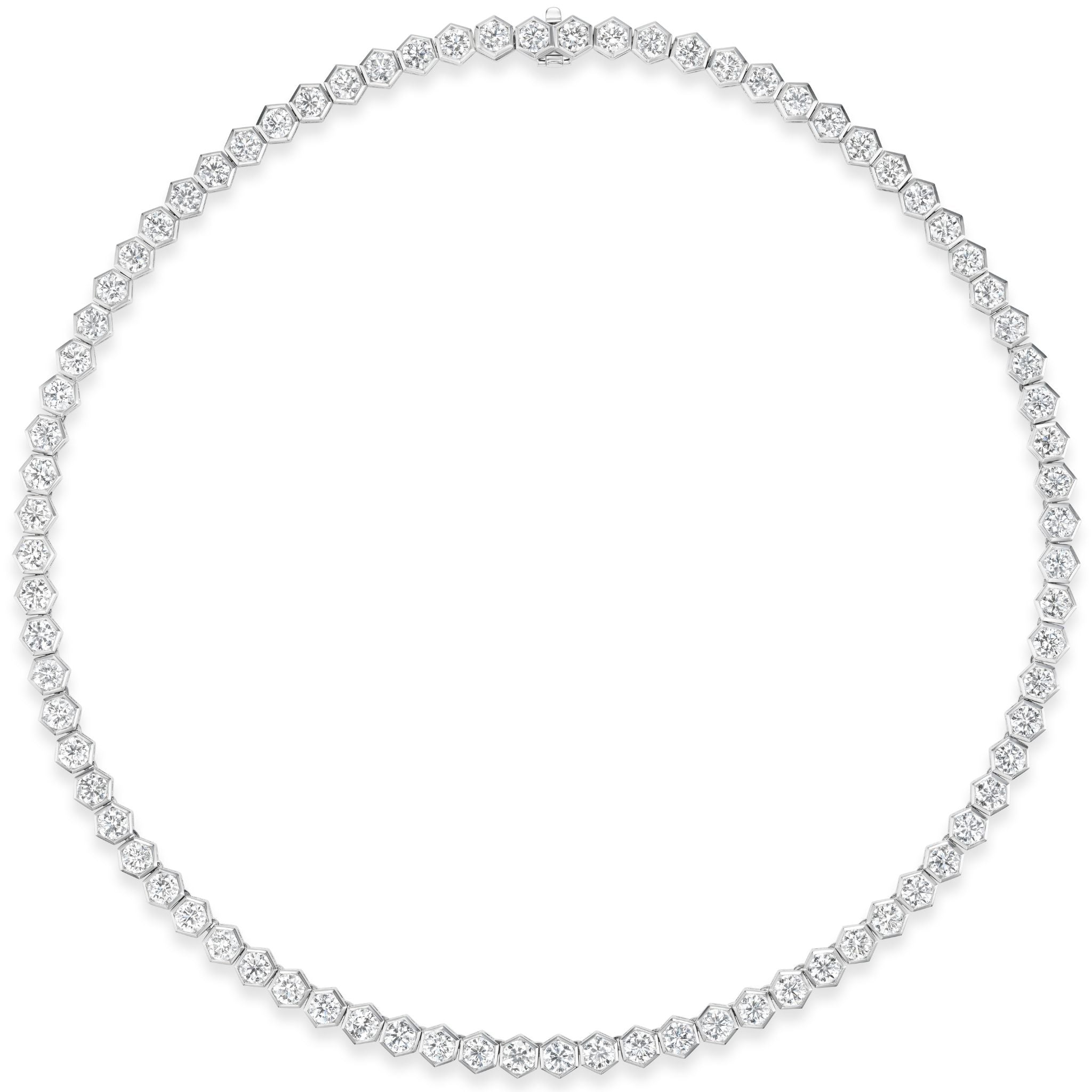 The Large Hexagon Bezel Set Diamond Tennis Necklace in White Gold showcases a continuous circle of hexagon bezel settings, each encasing a single round diamond, beautifully crafted in 18K white gold and elegantly displayed on a plain white background.