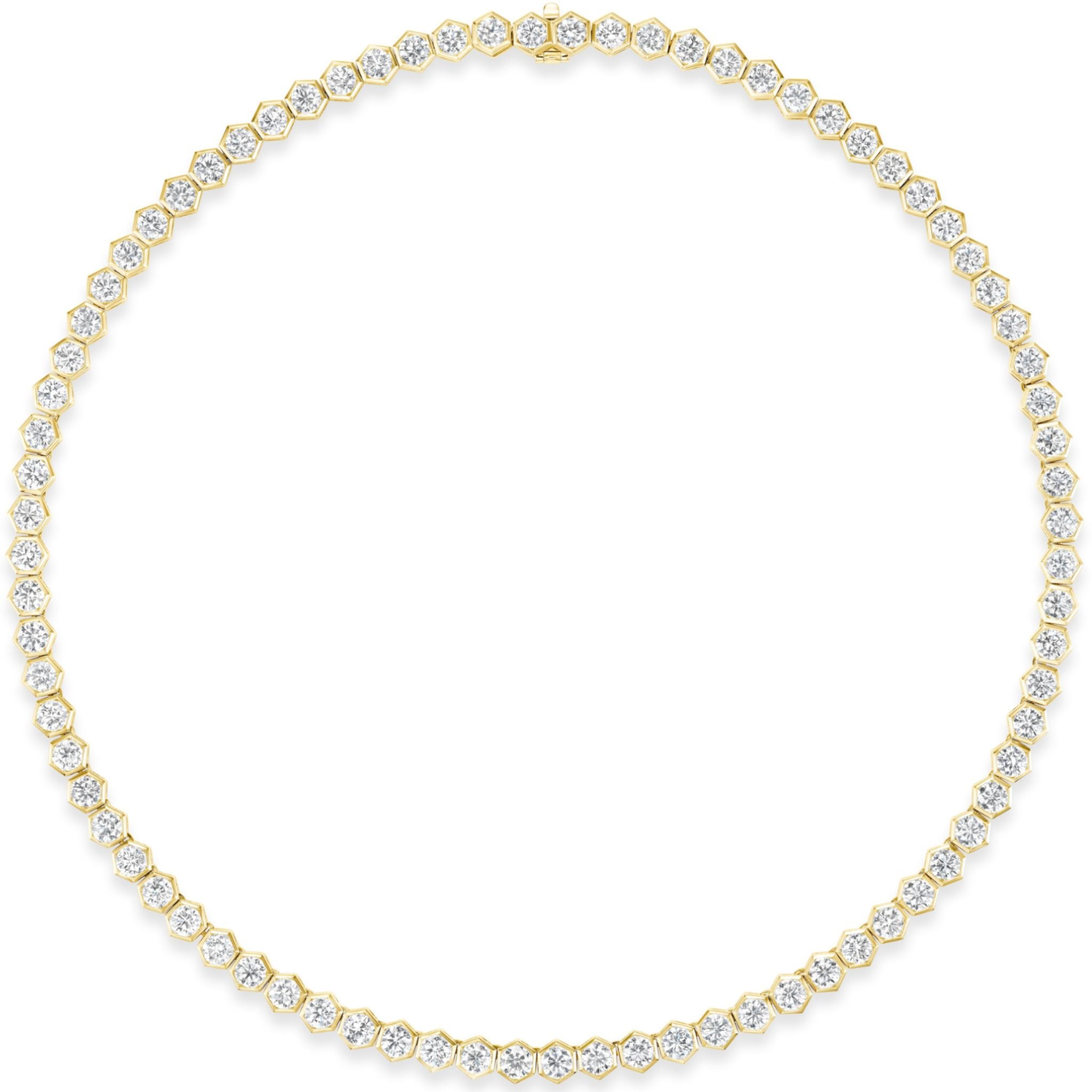 Introducing the Medium Hexagon Bezel Set Diamond Tennis Necklace in Yellow Gold—an elegant necklace featuring round diamonds that are evenly spaced and set in distinctive hexagonal bezels, crafted from 18K yellow gold to form a graceful circle.