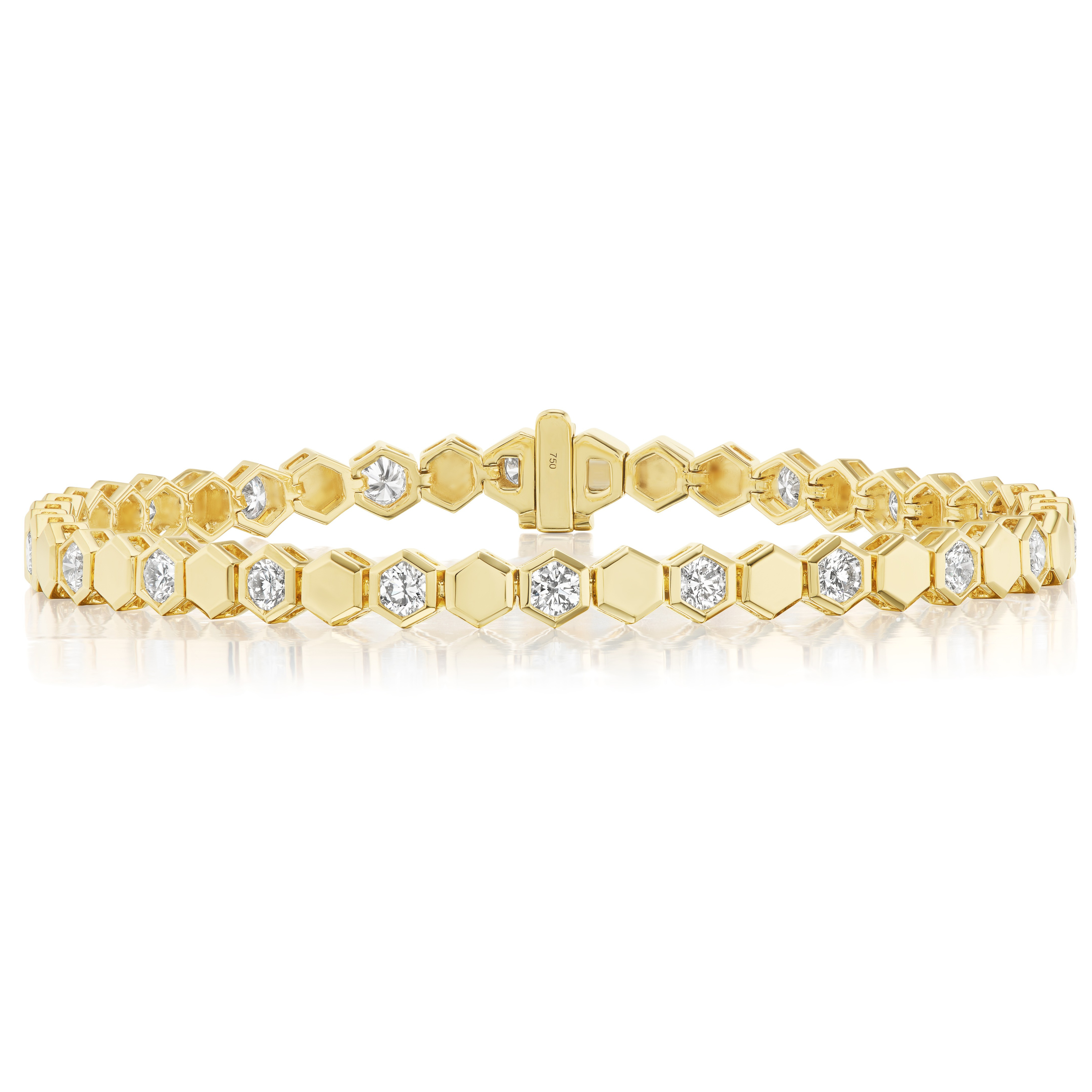 The Hexagon Bezel Set Bracelet with Hexagon Shape Diamonds in Yellow Gold showcases hexagonal links, each set with a dazzling diamond, all crafted in 18k yellow gold and displayed on a white background.