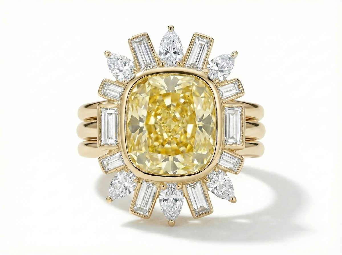 Bezel Set Cushion Cut Yellow Diamond Ring Jacket with Pear and Emerald Cut Side Stones