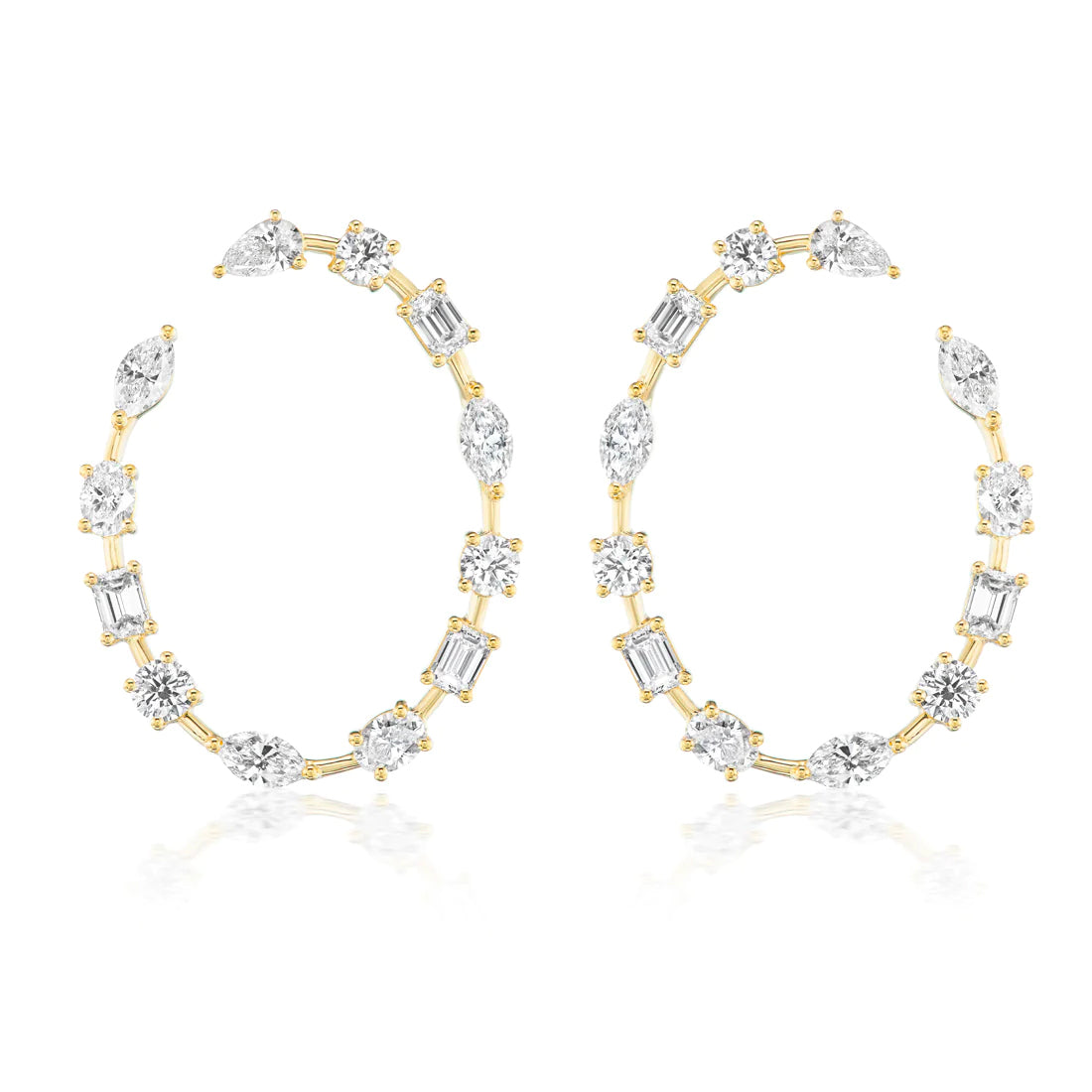 The Light Mixed Shape Diamond Hoops feature G-H color oval, marquise, round, and emerald cut diamonds evenly set along 18K gold hoops, displayed on a white background.