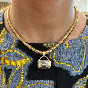 East-West Bezel Set Emerald Cut Diamond Pendant Necklace in Yellow Gold