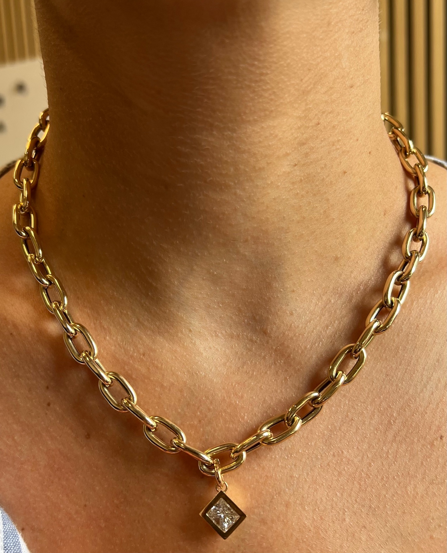 Chain Necklace with Diagonal Bezel Set Elongated Square Diamond Charm in Yellow Gold