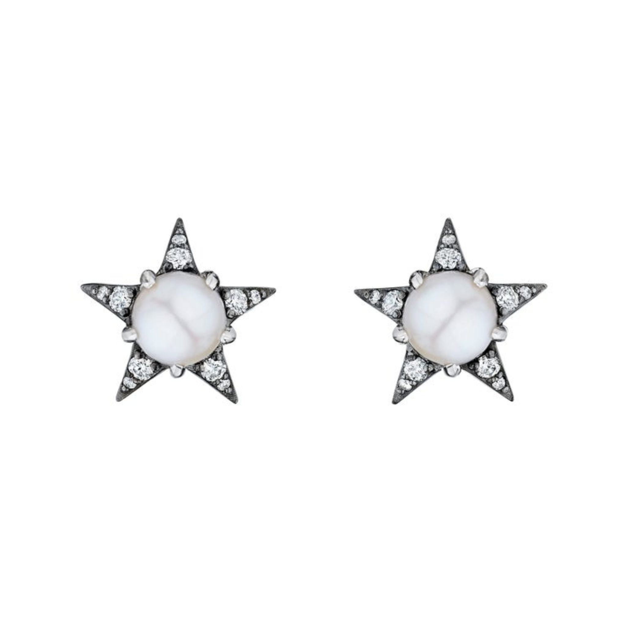 America250 Star Stud Earrings in Black Rhodium feature white pearls at the center and sparkling stones, all handcrafted in New York City.