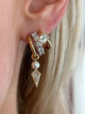 Triple Huggies with Emerald Cut, Round, and Kite Shape Diamonds in Yellow Gold