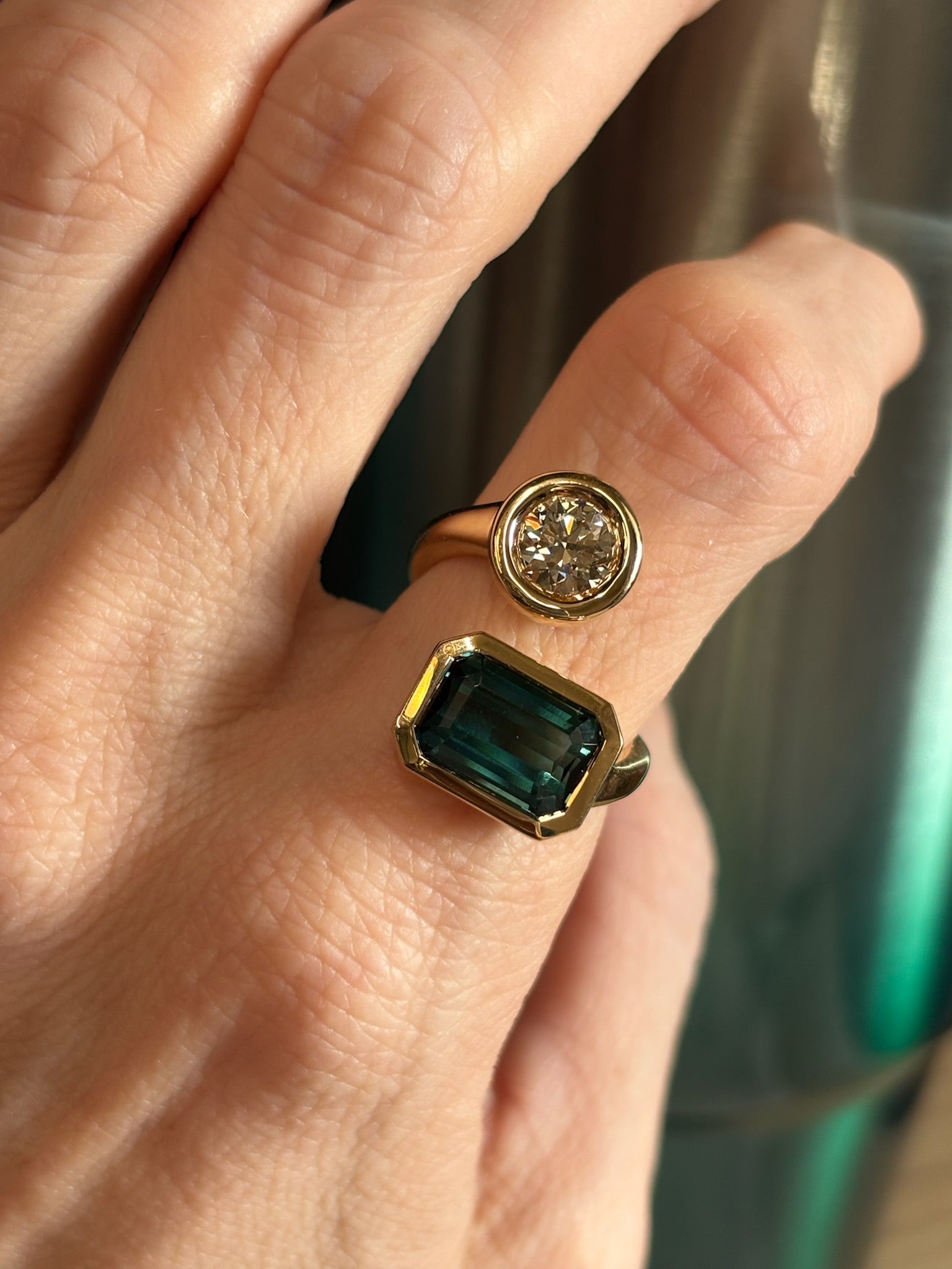 Bezel Set Toi et Moi Wrap Ring with Round Diamond and Emerald Cut Tourmaline in Yellow Gold