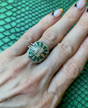Bespoke Mosaic Tapered Baguette Emerald and Diamond Ring Jacket in White Gold with Pavé Diamond Band