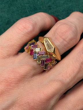 Bespoke Geometric Burnish Set Ring in Yellow Gold with Shield Cut Diamond