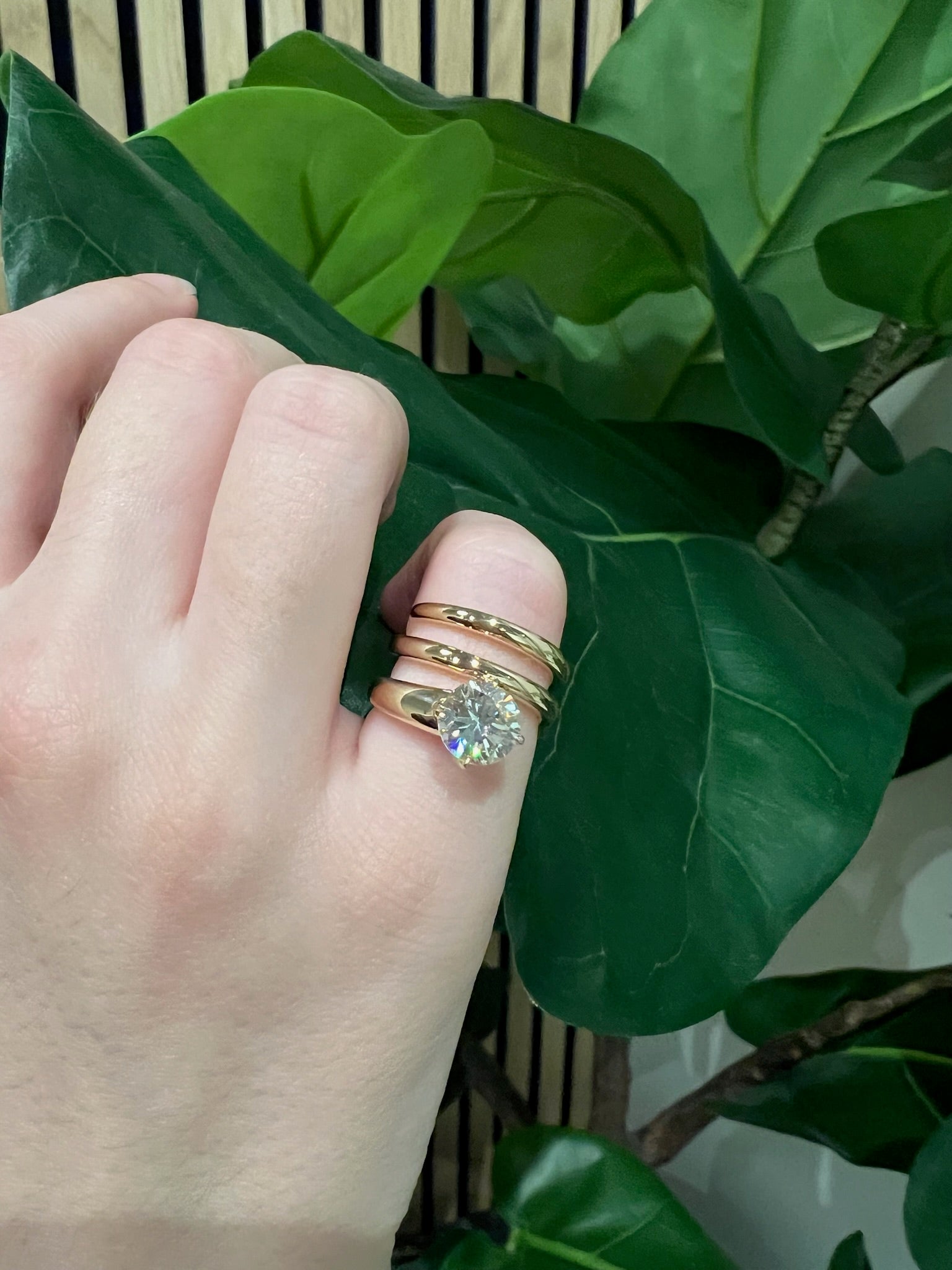 A hand wearing three gold rings, including the Pinky Wraparound Ring With Diamond, is held against a backdrop of green leafy plants.