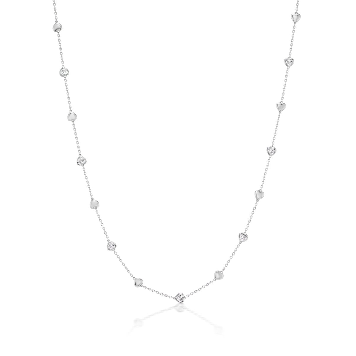 Serpentine Station Necklace with Alernating Metal Hearts and Bezel Set Heart Diamonds