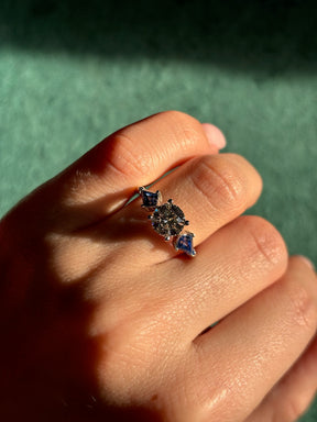 Bespoke Round Diamond Engagement Ring in White Gold with Kite Shape Blue Sapphire Side Stones