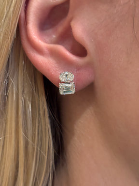 East-West Set Oval and Emerald Cut Diamond Studs in White Gold