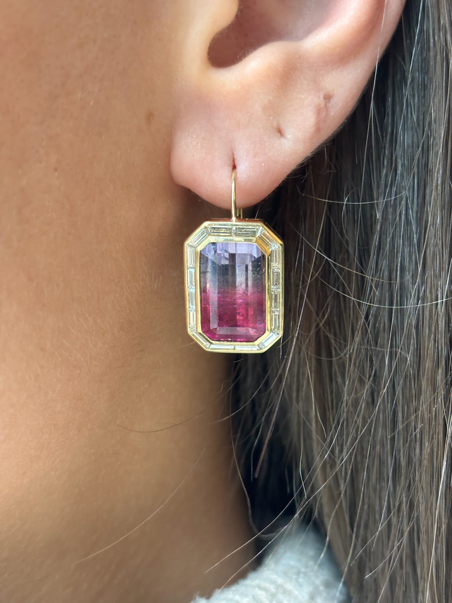Watermelon Tourmaline Drop Earring with Trapezoid Baguette Diamond Halo in Yellow Gold