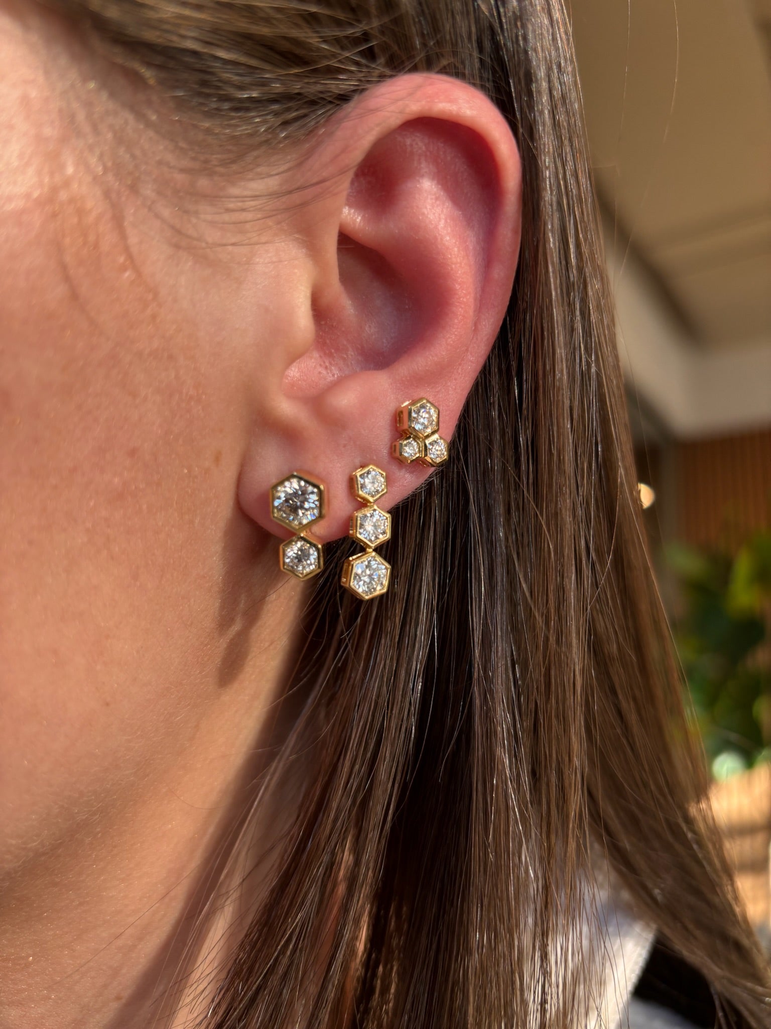 Hexagon Bezel Set Round Diamond Trio Studs