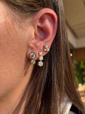 Hexagon Bezel Set Round Diamond Trio Studs