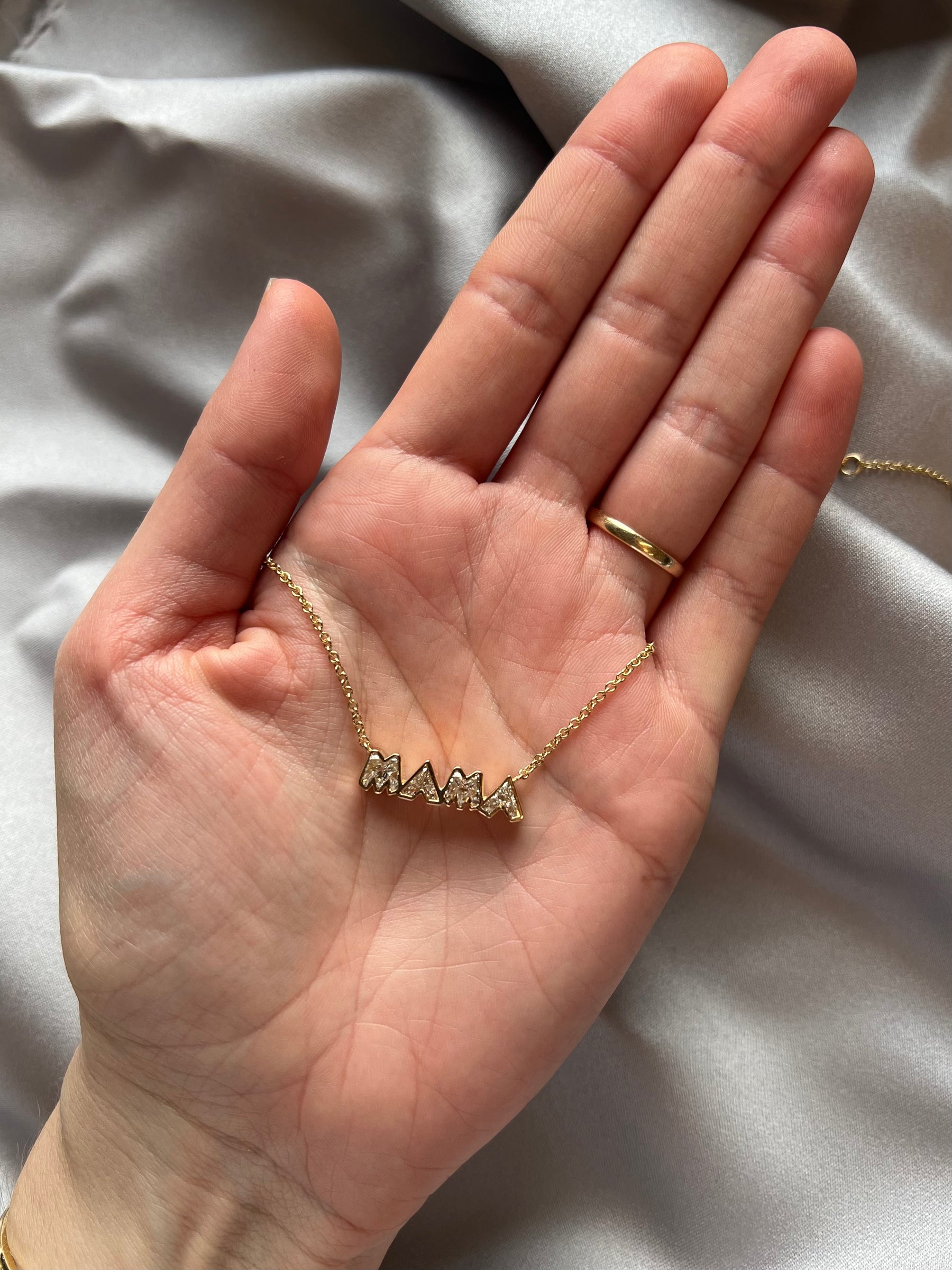 Bezel Set "Mama" Diamond Pendant Chain Necklace in Yellow Gold