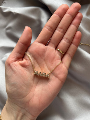 Bezel Set "Mama" Diamond Pendant Chain Necklace in Yellow Gold
