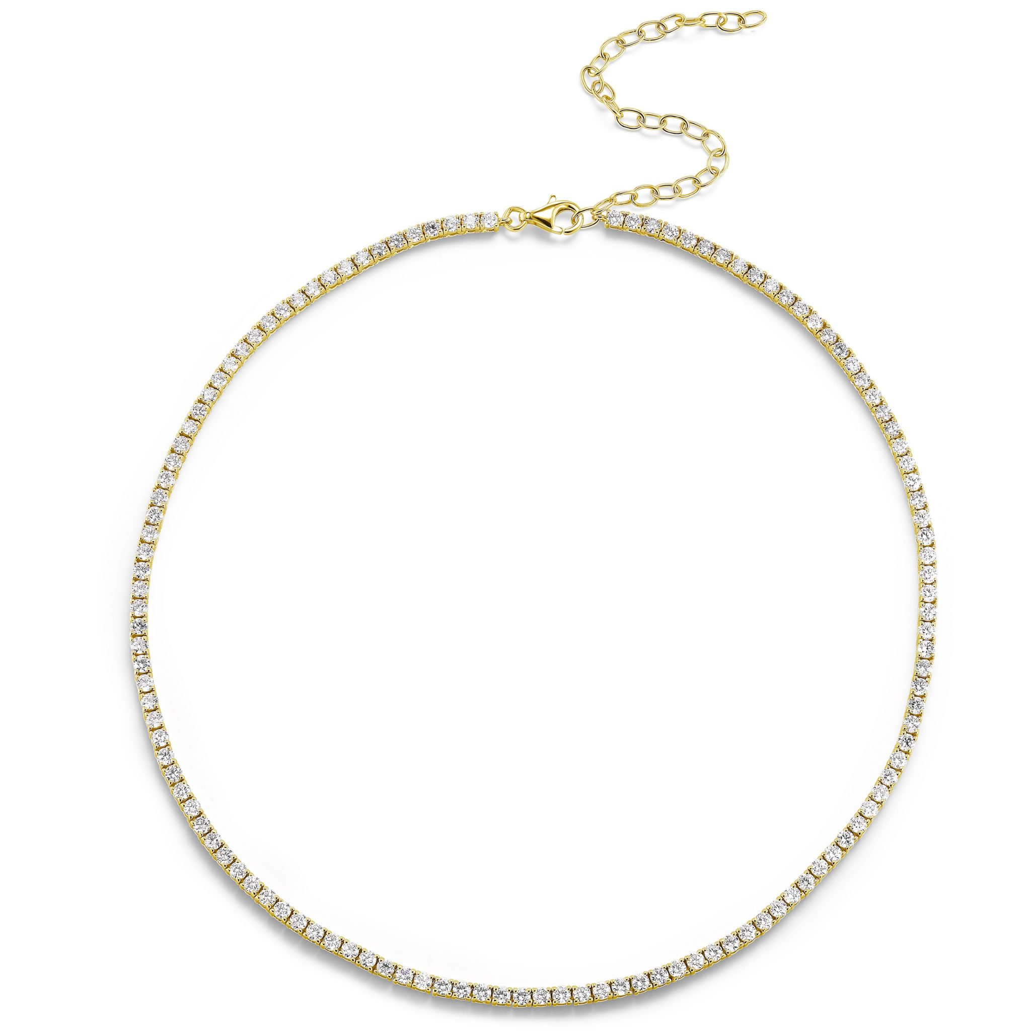 The Large Adjustable Round Brilliant Diamond Tennis Necklace in yellow gold features a row of sparkling round diamonds and an adjustable chain, shown on a white background.