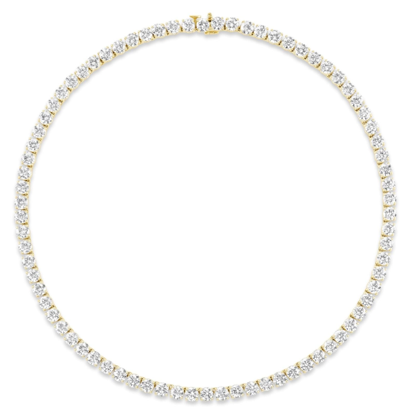 The Large Round Diamond Tennis Necklace in 18K gold features a seamless row of round white diamonds set closely together, highlighting an elegant and minimalist design that showcases their brilliance.