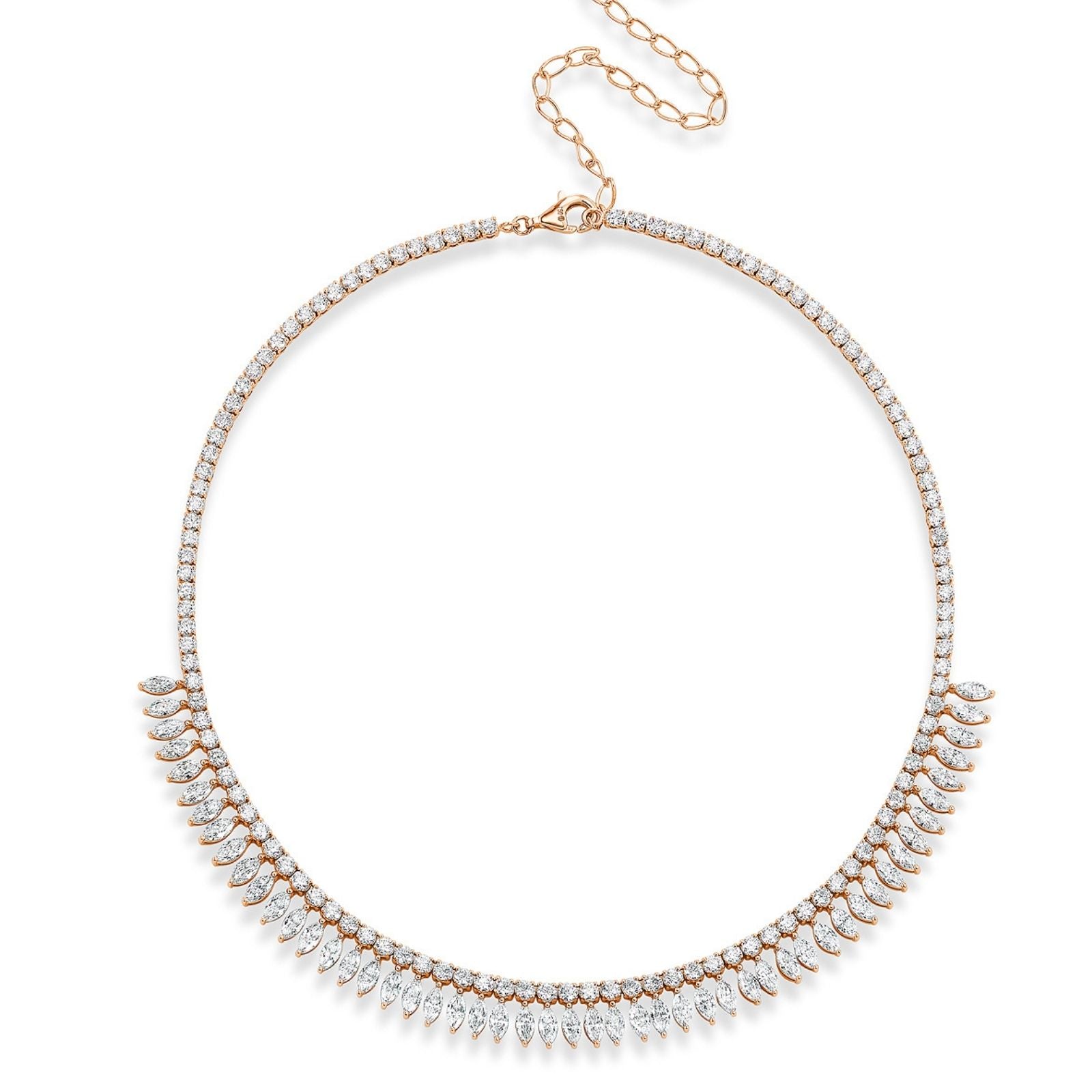 The Deco Feather Collar Necklace features marquise diamonds in elegant clusters along the lower half and an adjustable clasp for a perfect fit.