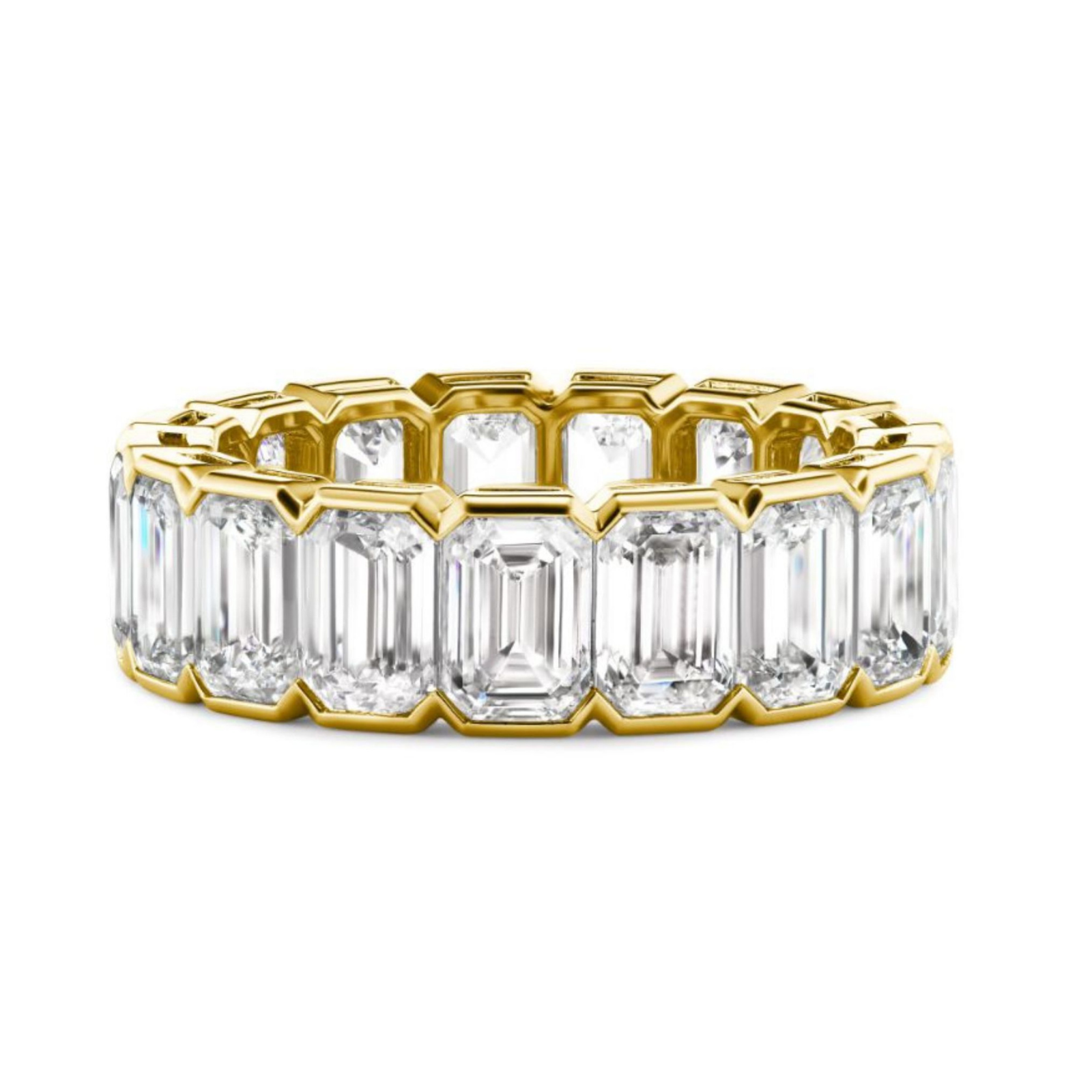 The Half Bezel Emerald Cut Diamond Eternity Band showcases large, rectangular diamonds set side by side in a striking half bezel setting—ideal for bridal or celebration rings.