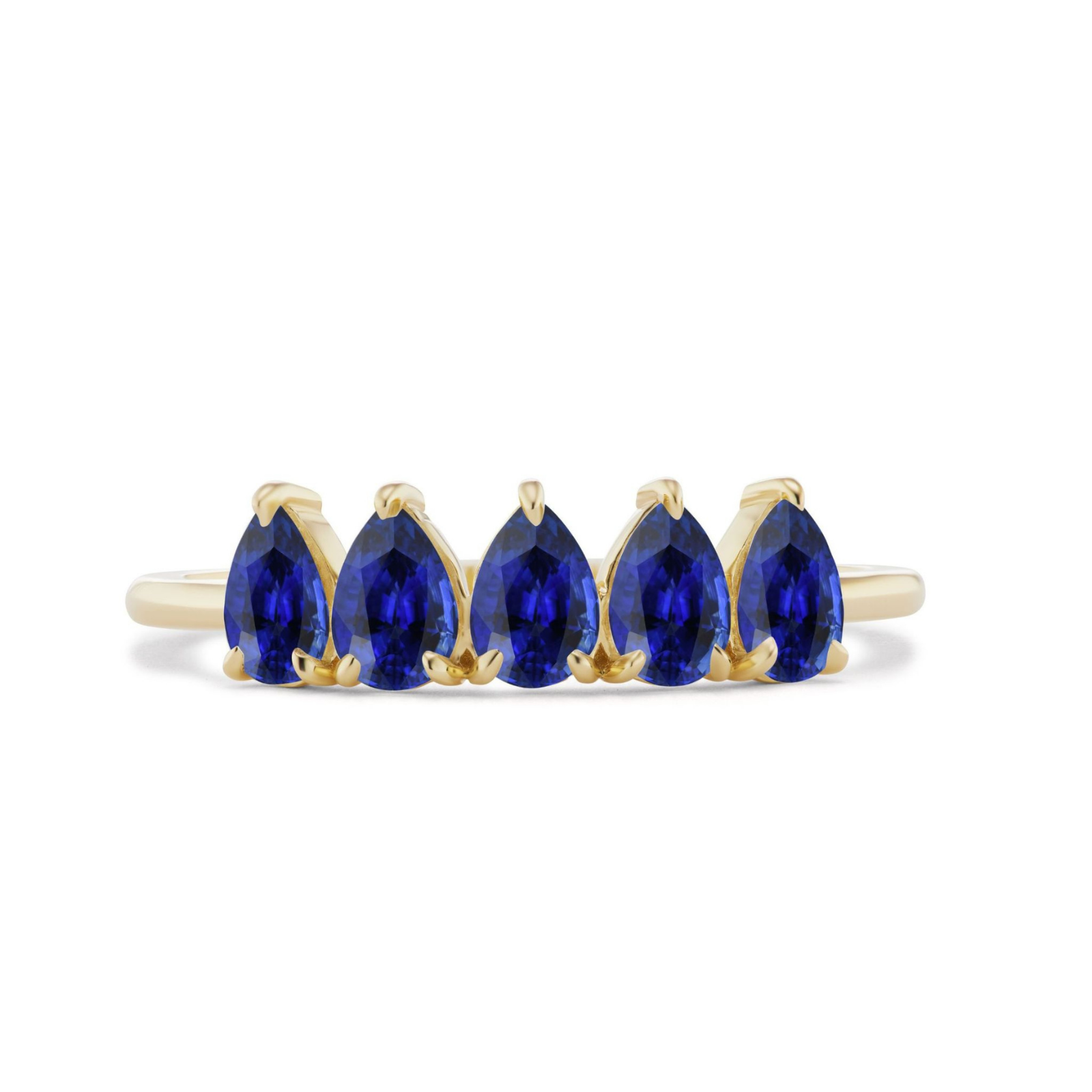 The North-South Set Pear Shape Blue Sapphire Ring in yellow gold features five pear-shaped blue sapphires set in a row, each secured by three prongs for an elegant, symmetrical look in 18K gold.
