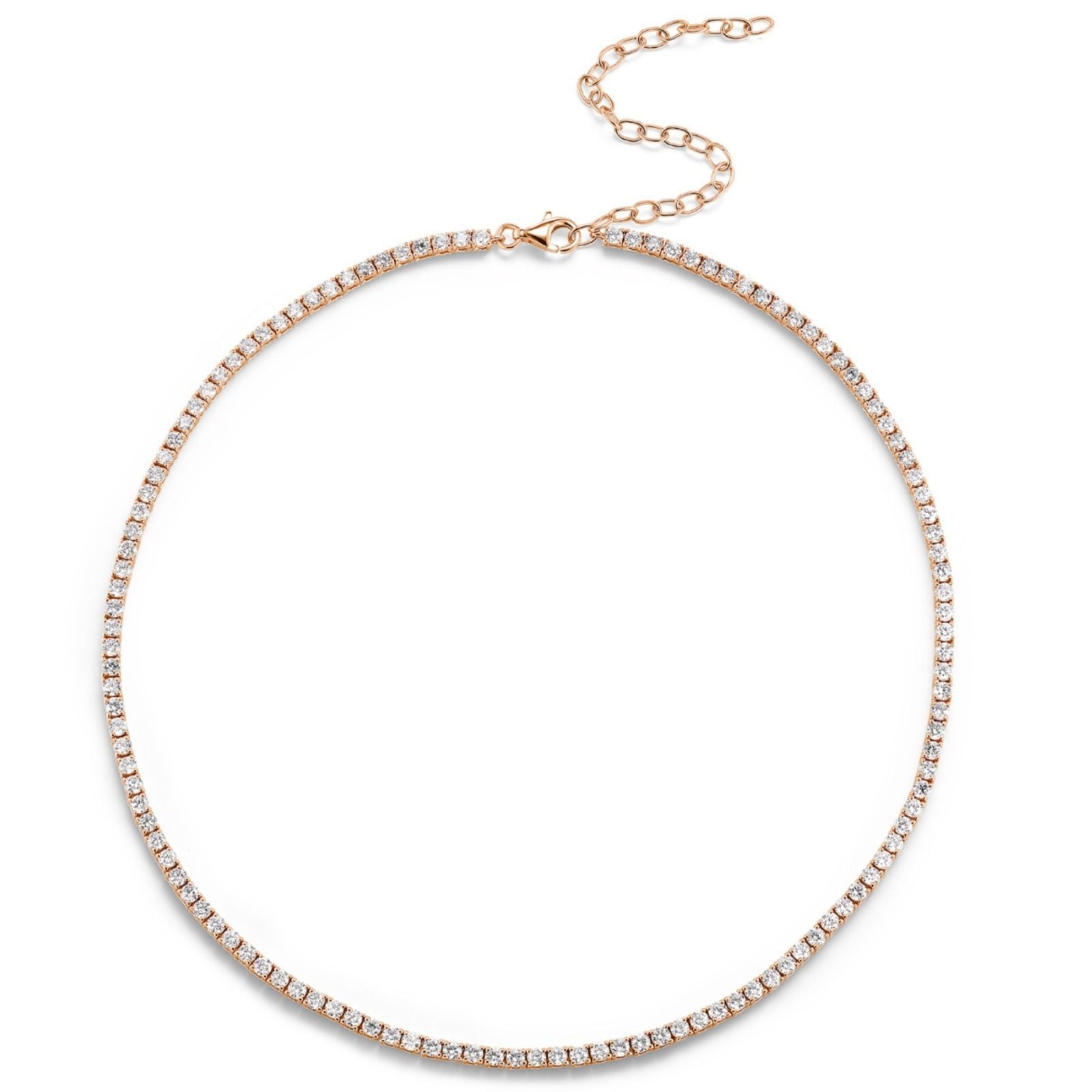 The Adjustable Round Brilliant Diamond Tennis Necklace features small, round brilliant diamonds set in a delicate 18K gold chain with an adjustable clasp and extension chain.