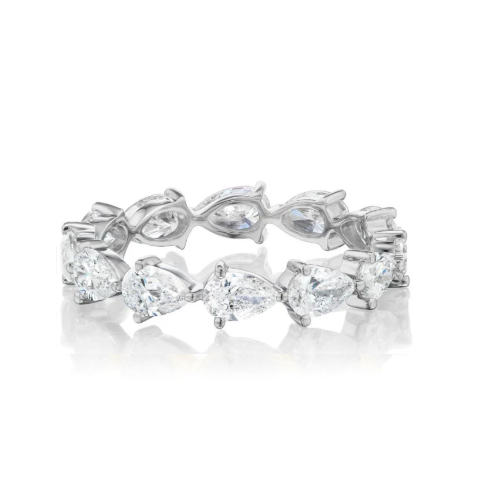 The Chasing Pears Eternity Band is an 18K white gold or platinum ring with alternating pear-shaped diamonds and marquise-cut clear gemstones in a continuous design, shown on a white background.