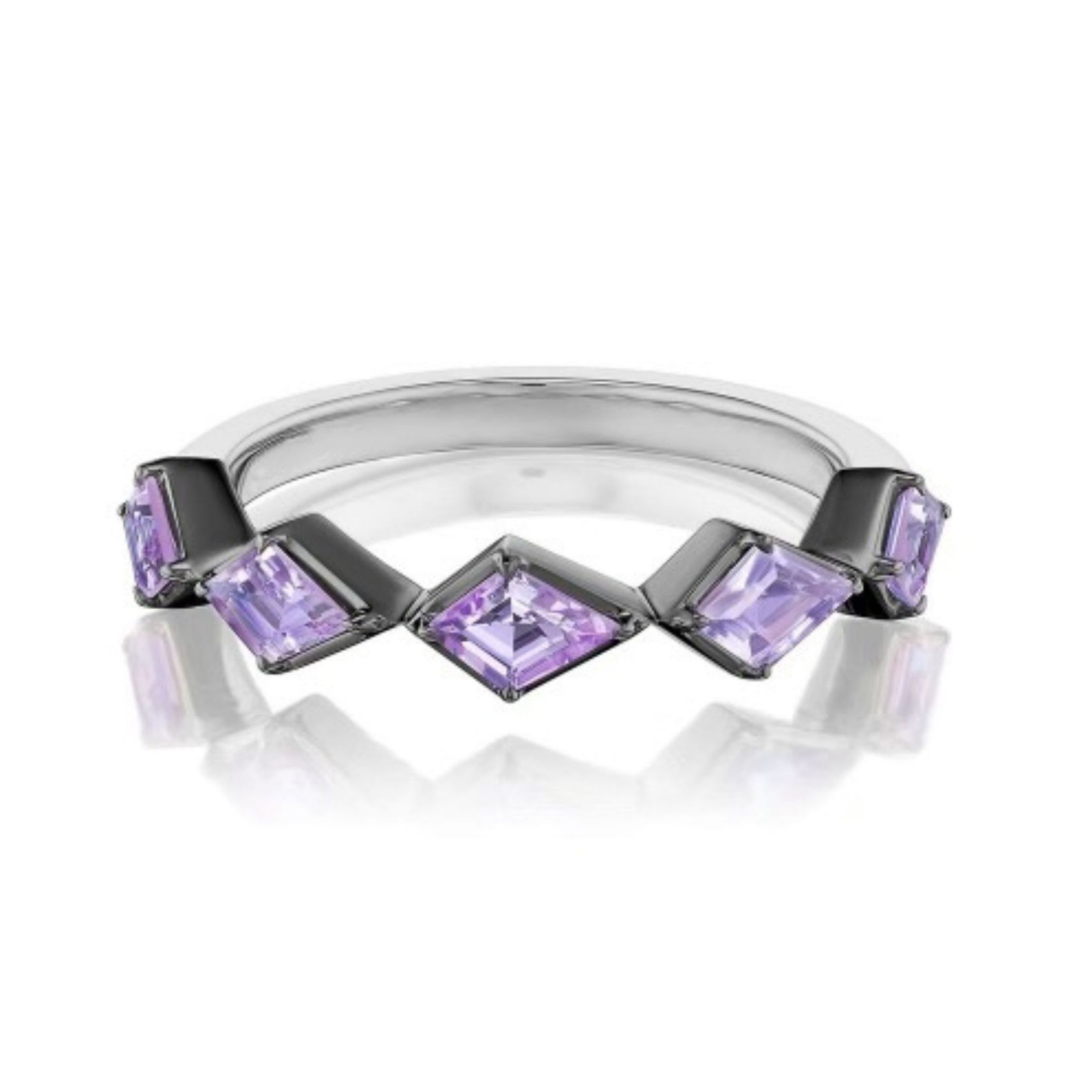 The Chasing Kites Purple Sapphire Half Eternity Band in Rhodium features five faceted, kite-shaped purple sapphires in a zigzag setting, shown on a white background.