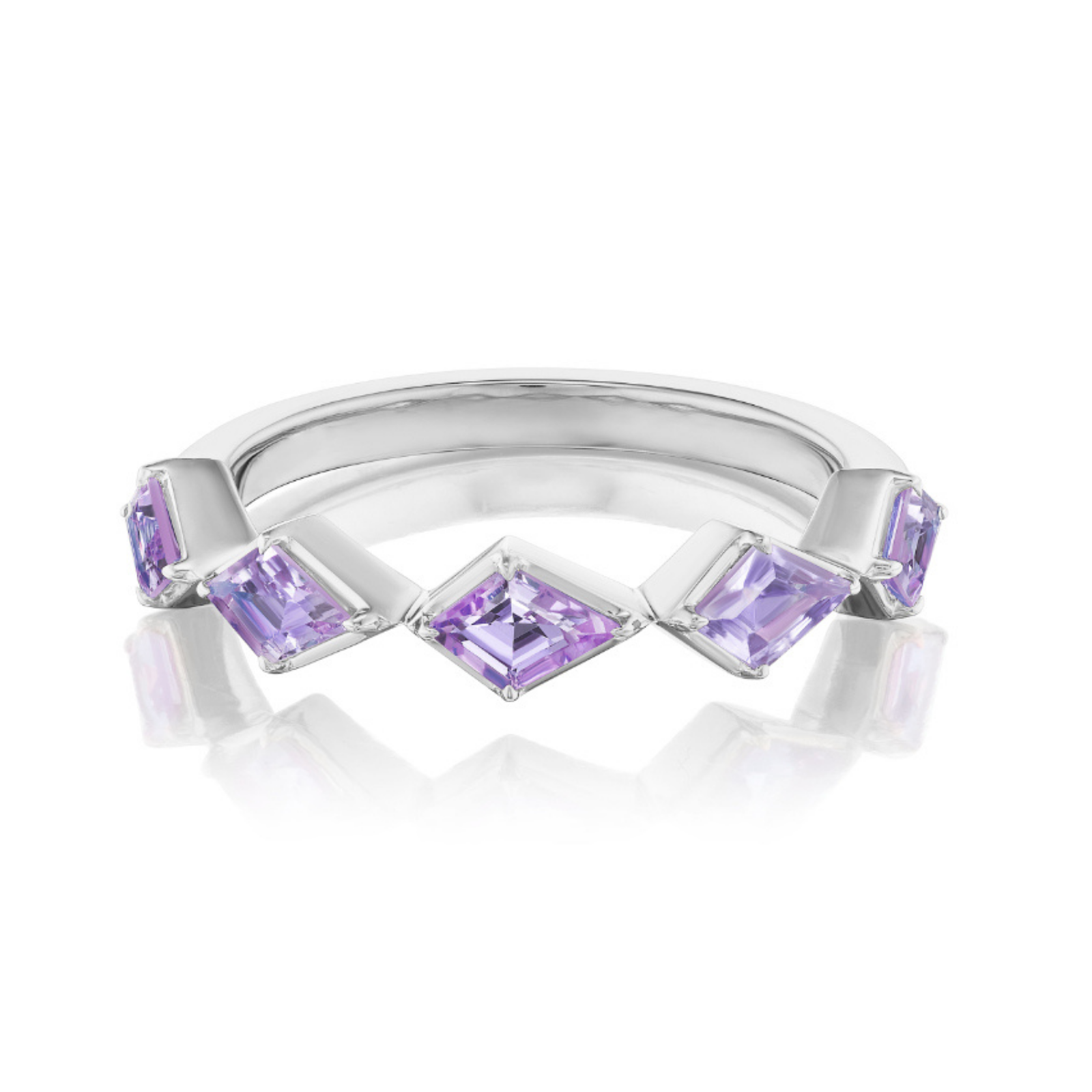 The Chasing Kites Purple Sapphire Half Eternity Band in Rhodium features five square-cut lavender stones set diagonally with four prongs each, boasting a polished finish and modern geometric design for a chic, contemporary look.
