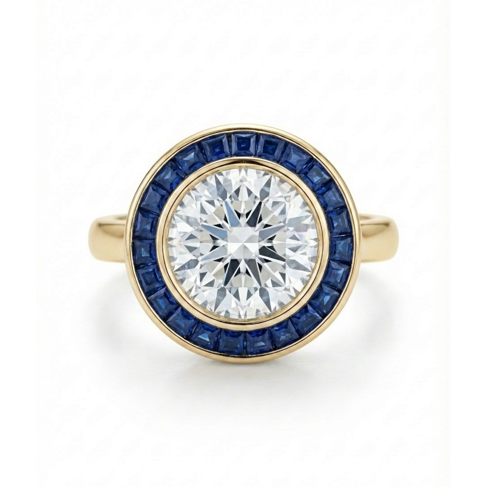 The Round Brilliant Diamond with Channel Set Sapphire Halo Ring features a gold band with a large round diamond center, surrounded by a circular halo of square blue sapphires.