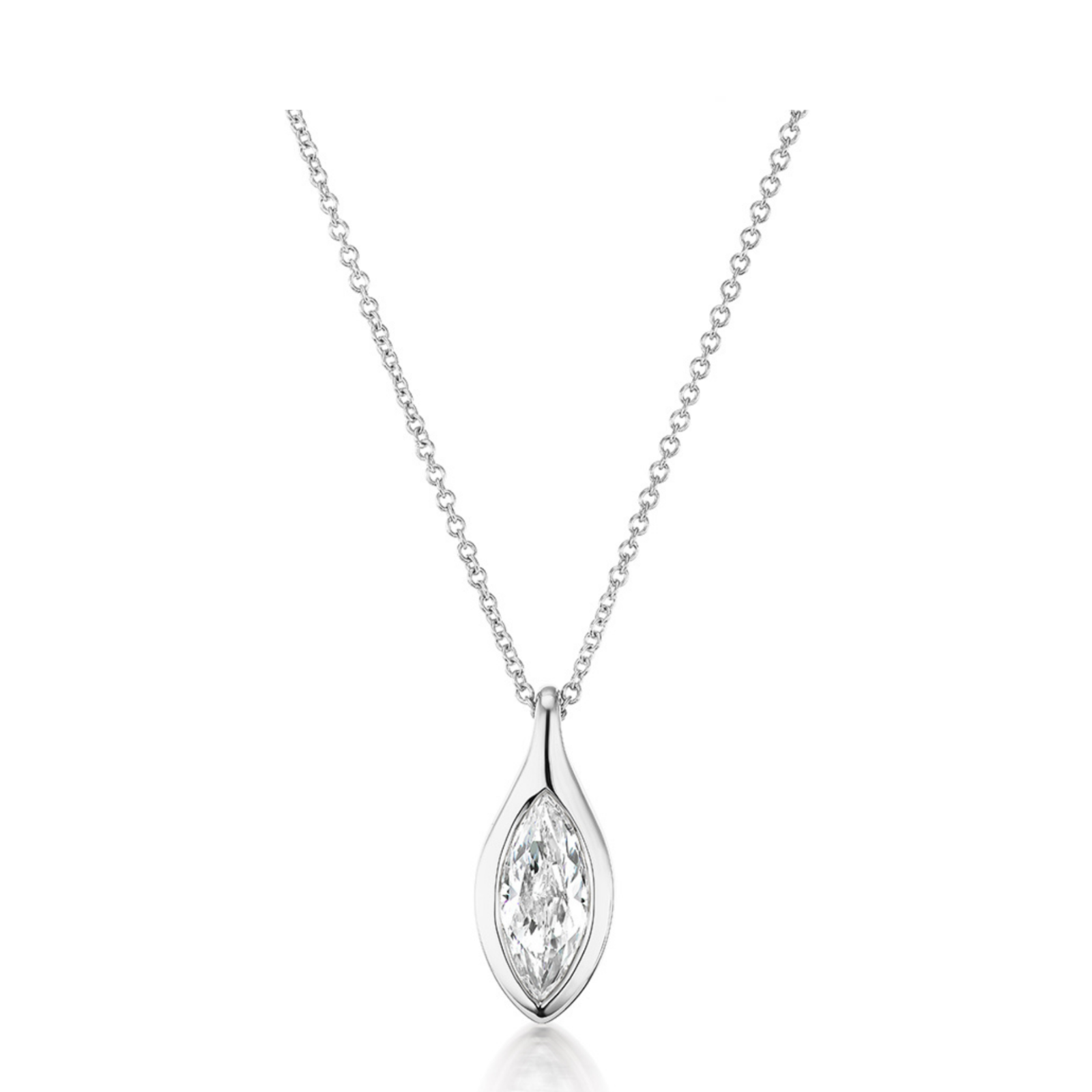 The Serpent Bezel Set Marquise Diamond Solitaire Pendant features a delicate silver chain and a marquise diamond in an elegant, simple setting with an adjustable chain, displayed against a plain white background.