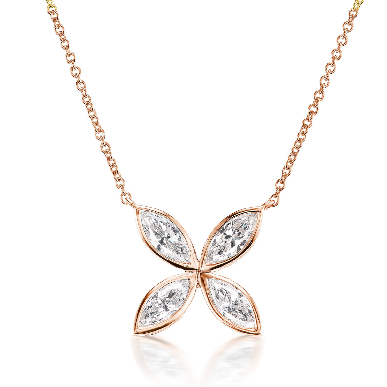 The Bezel Set Marquise Diamond Floral Pendant features a four-petal flower design with marquise-cut diamonds totaling 1.23TCW, set in 18k gold on an elegant 18-inch chain.