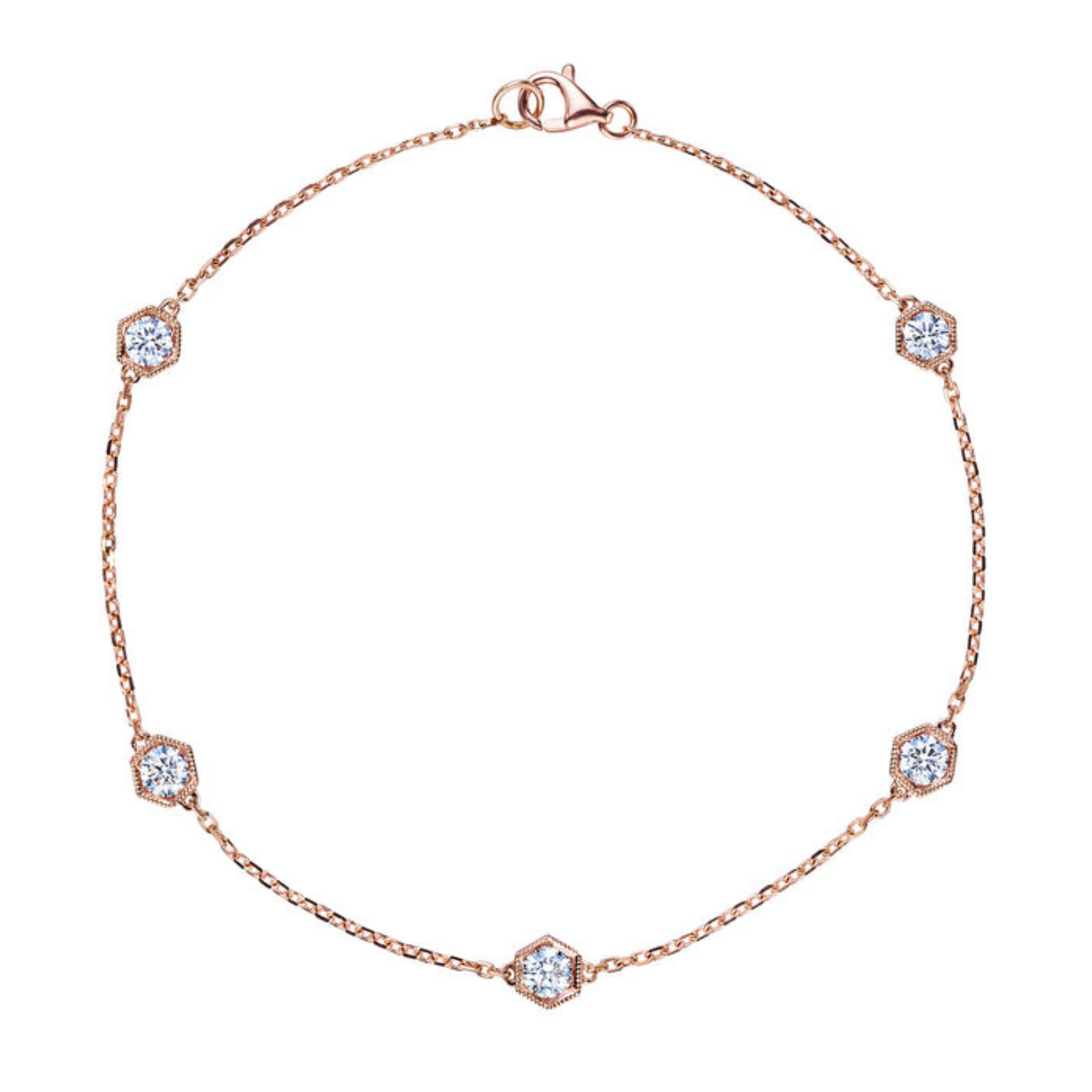 The Serpentine Station Bracelet features five bezel-set round diamonds in hexagon settings on delicate 18K gold, finished with a lobster clasp.