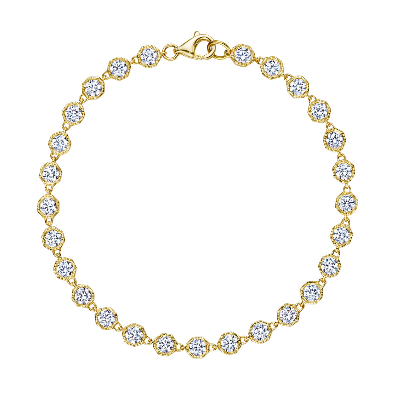 The Milgrain Hexagon Bezel Set Garland Bracelet in 18k gold features round brilliant diamonds in decorative hexagon bezels, evenly spaced along the chain, and is finished with a lobster clasp closure.