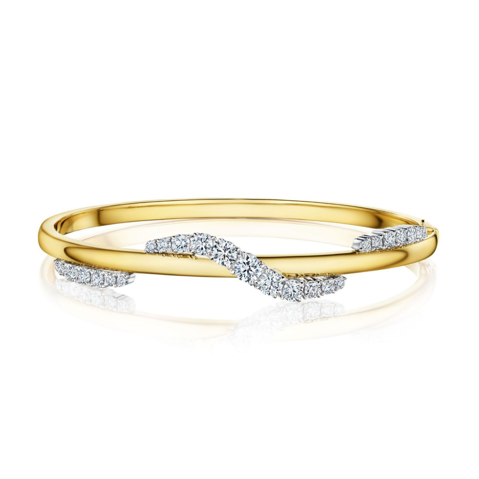 The Coil Wave Diamond Bangle in Yellow Gold and Platinum showcases a stunning wavy design, beautifully accentuated with rows of sparkling natural diamonds set along the elegant curve and at both ends.