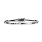 The Skinny Round Brilliant Diamond Tennis Bracelet features a thin black metal band adorned with a row of small, round brilliant diamonds and is secured with a clasp closure, displayed on a white background.