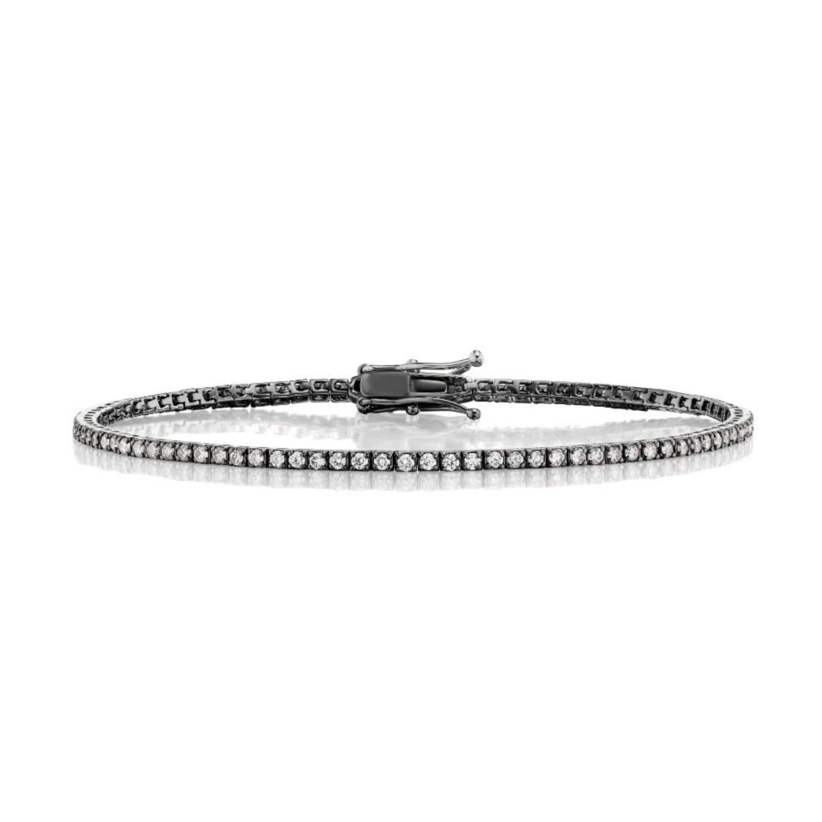 The Skinny Round Brilliant Diamond Tennis Bracelet features a thin black metal band adorned with a row of small, round brilliant diamonds and is secured with a clasp closure, displayed on a white background.