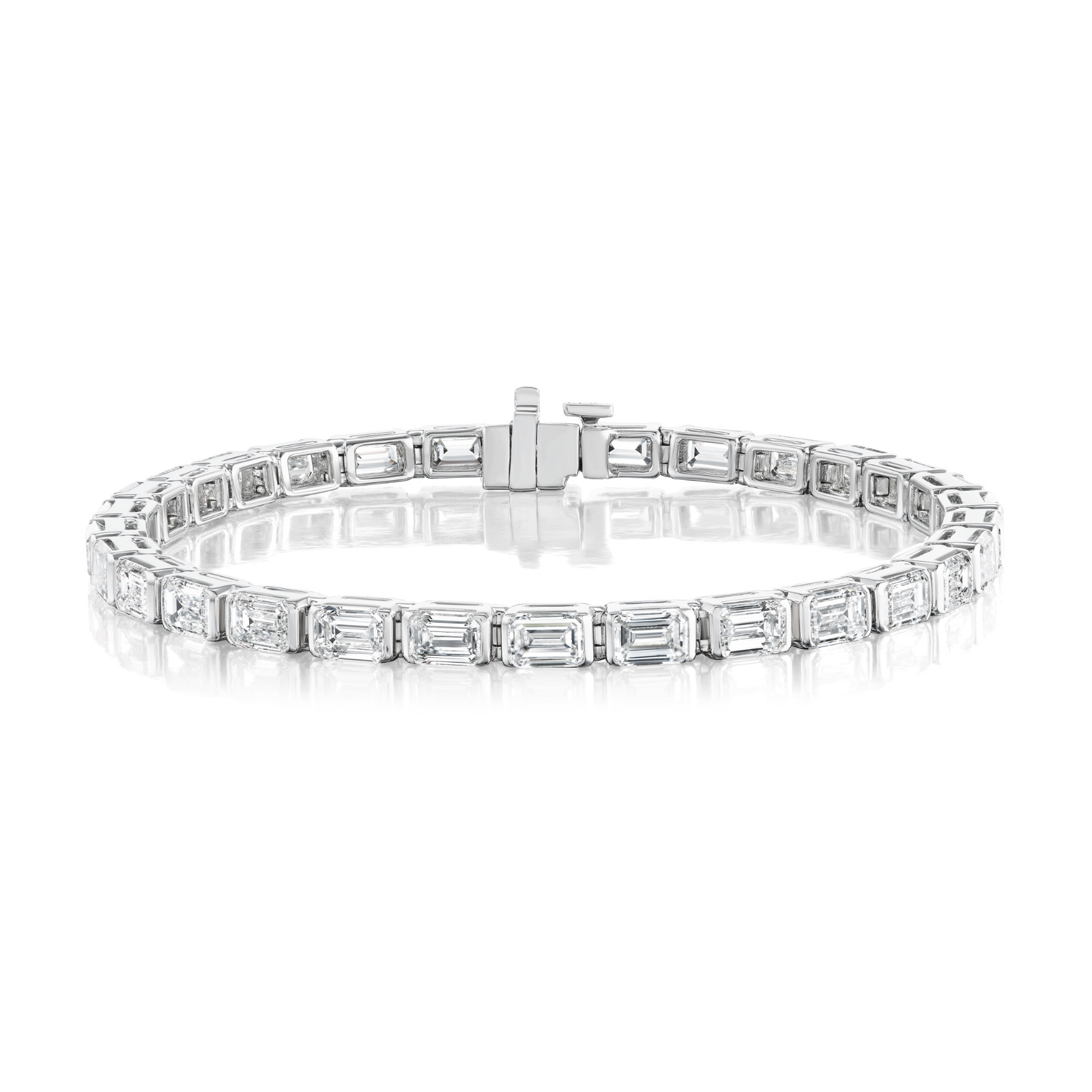 An East-West Half Bezel Set Emerald Cut Diamond Tennis Bracelet in platinum, featuring a continuous row of rectangular emerald-cut diamonds elegantly secured with a half bezel setting and finished with a secure clasp. This sophisticated bracelet captures the timeless allure of emerald-cut diamonds, beautifully presented against a white background.